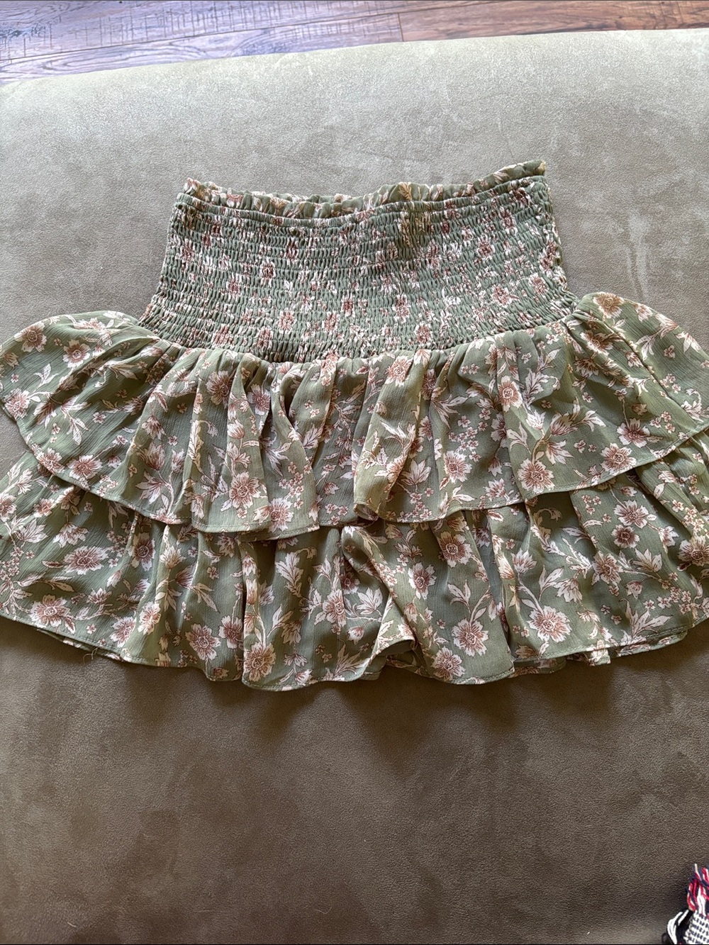 Smocked Olive Green Floral Ruffle Skater Skort